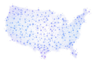 Abstract map of the United States of America covered by a social network composed of blue people symbols connected together at various sizes and depths on a white background with pixelated borders. Futuristic north american computer and social network background.